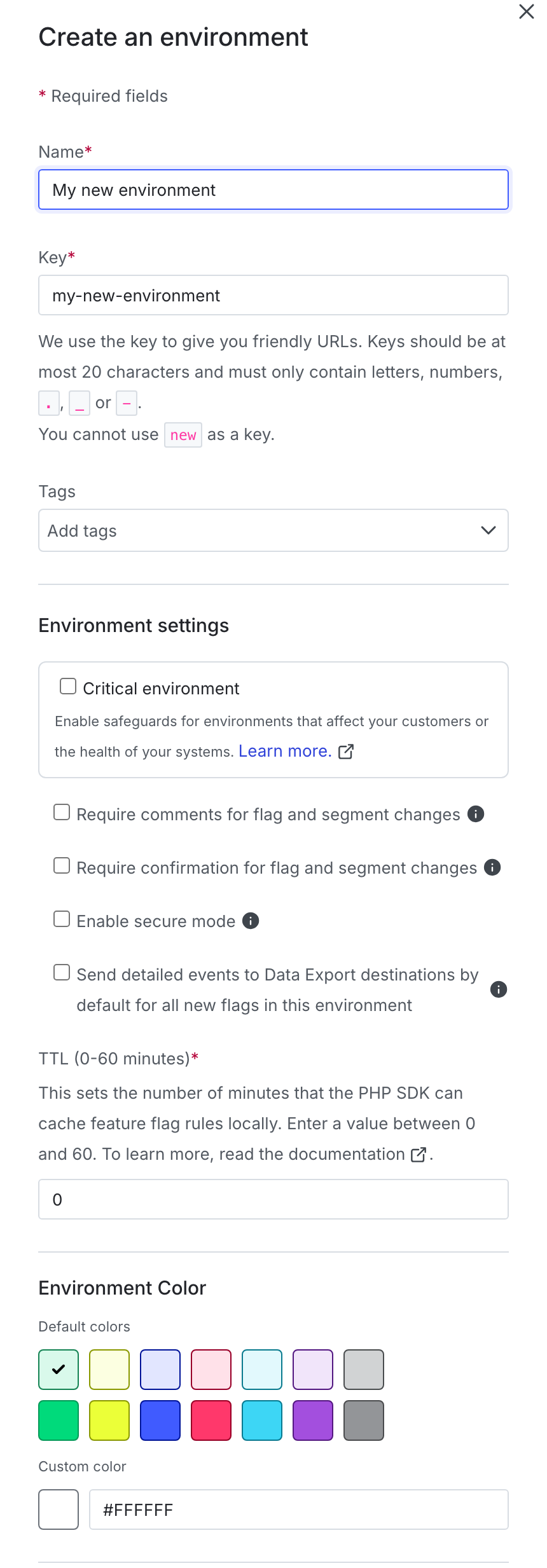 The "Create an environment" panel.
