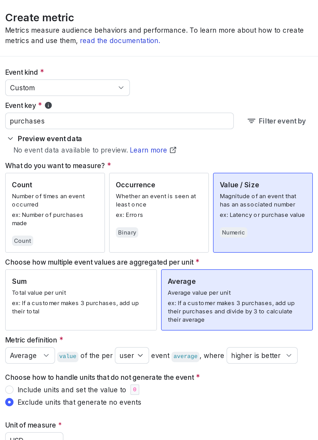 The metric creation dialog.