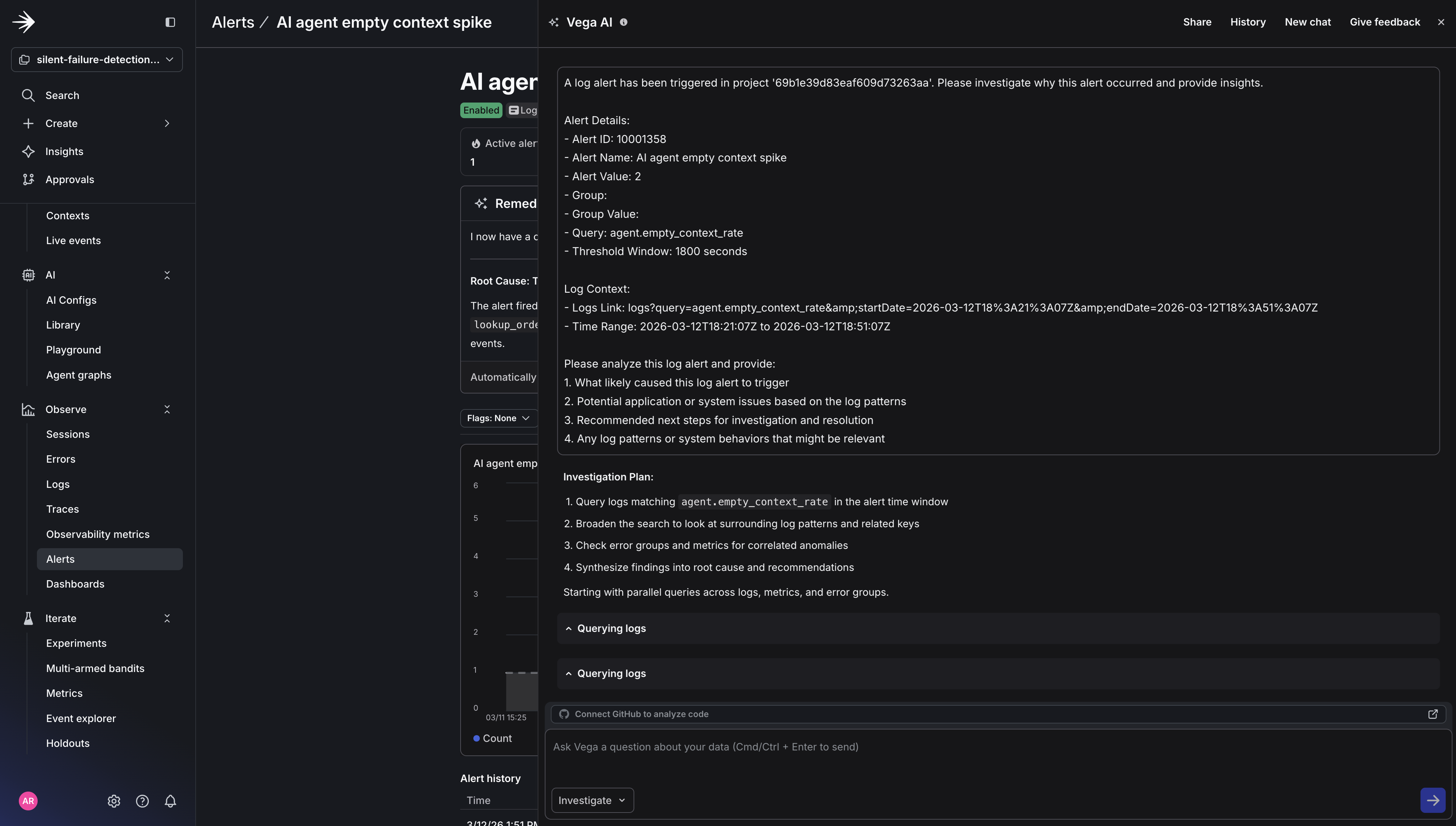 The Vega investigation report displayed in the side panel.