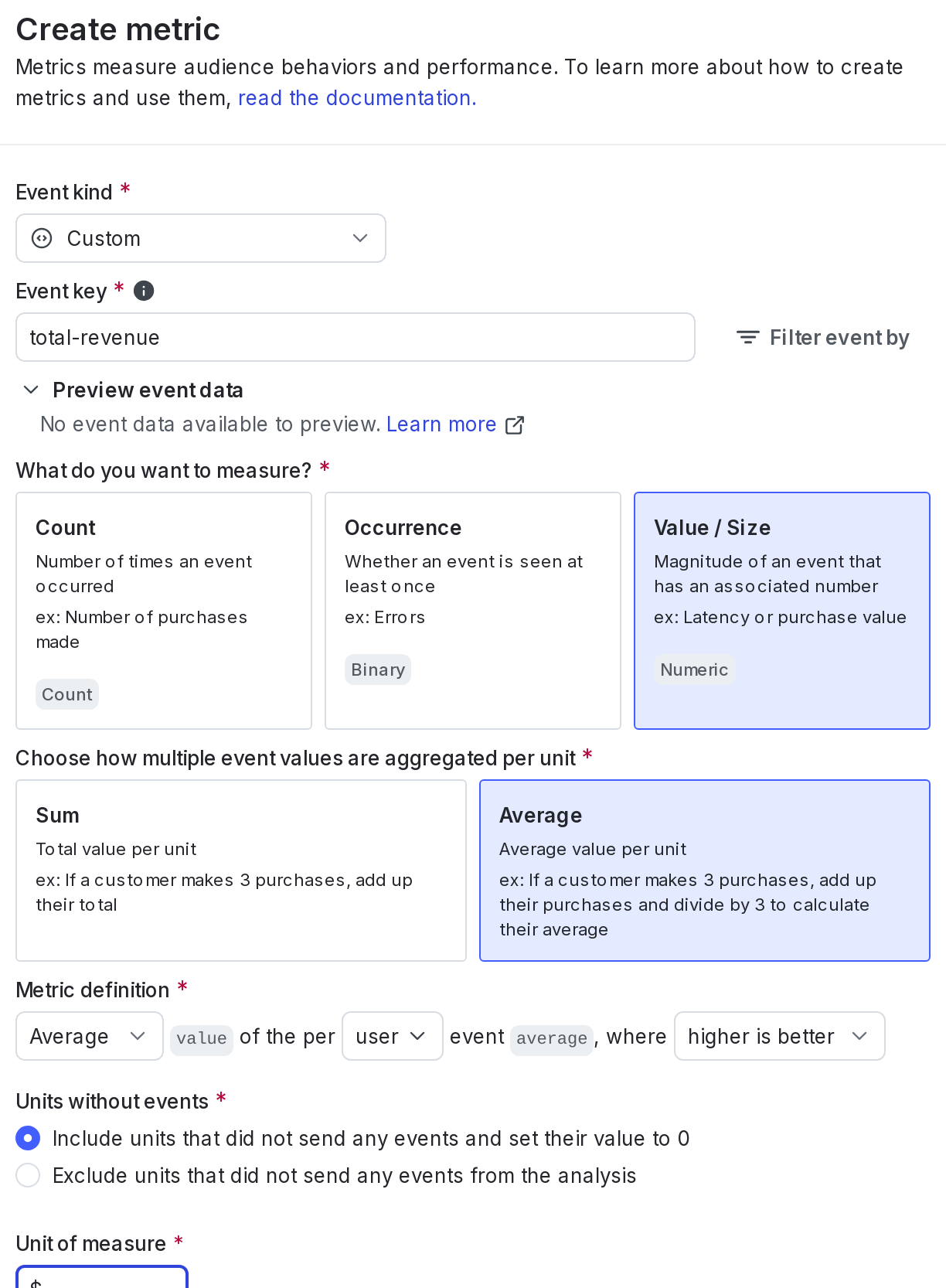 The "Create metric" dialog for a custom numeric metric.