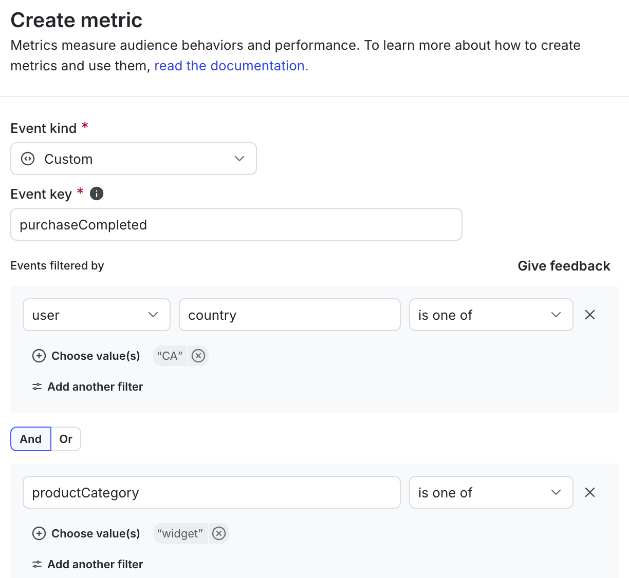 A metric definition that includes only events from contexts of kind user where the country is CA and the productCategory event property equals widget.