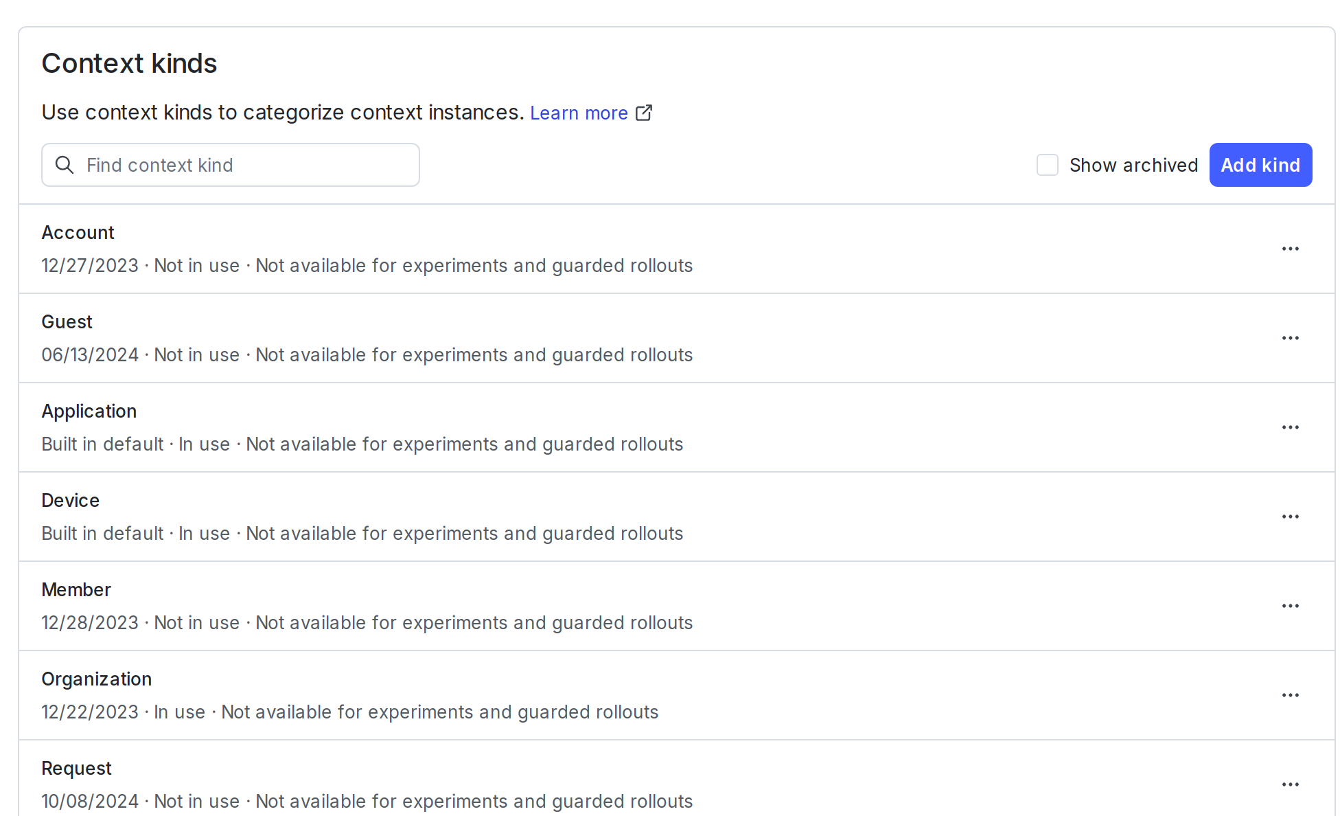 The context kinds list.