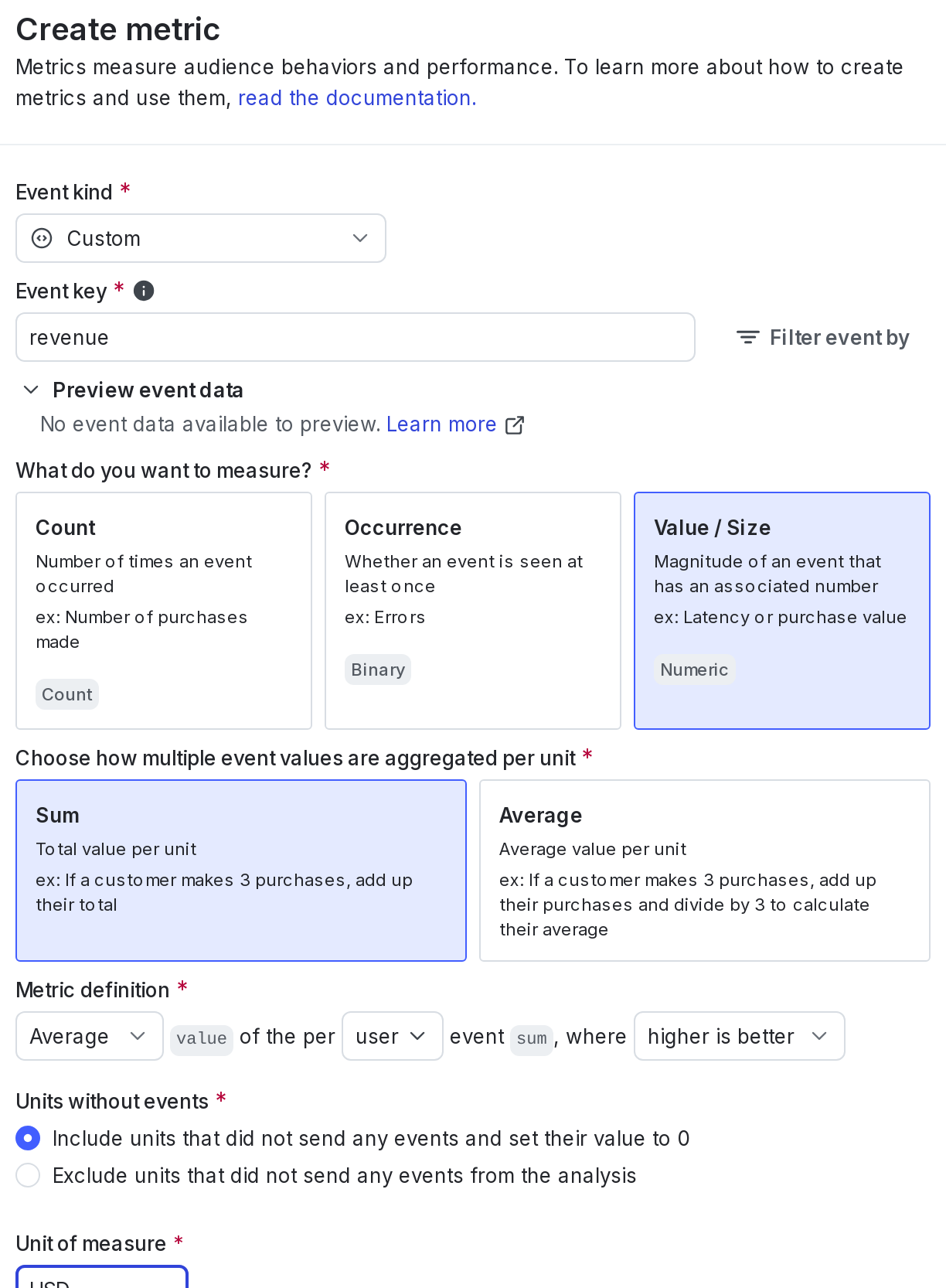 The metric creation dialog.