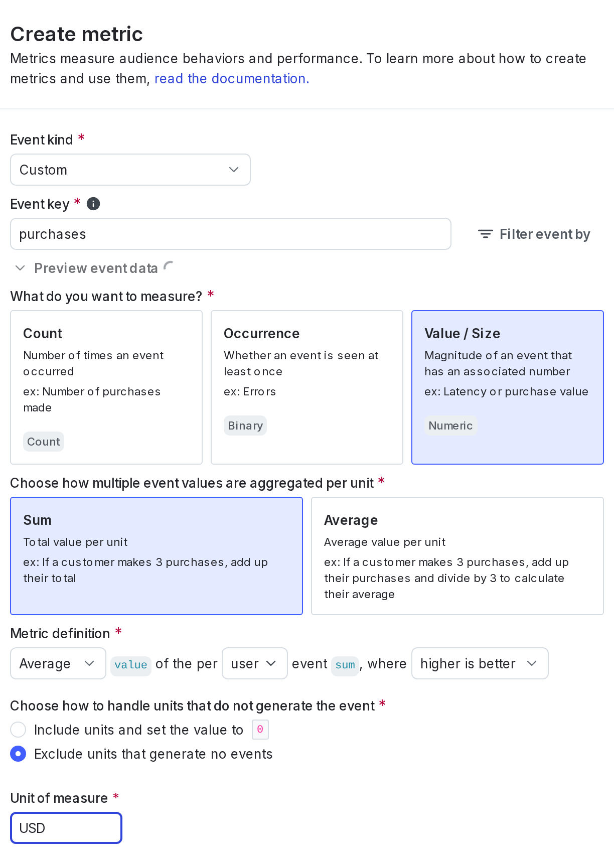 The metric creation dialog.