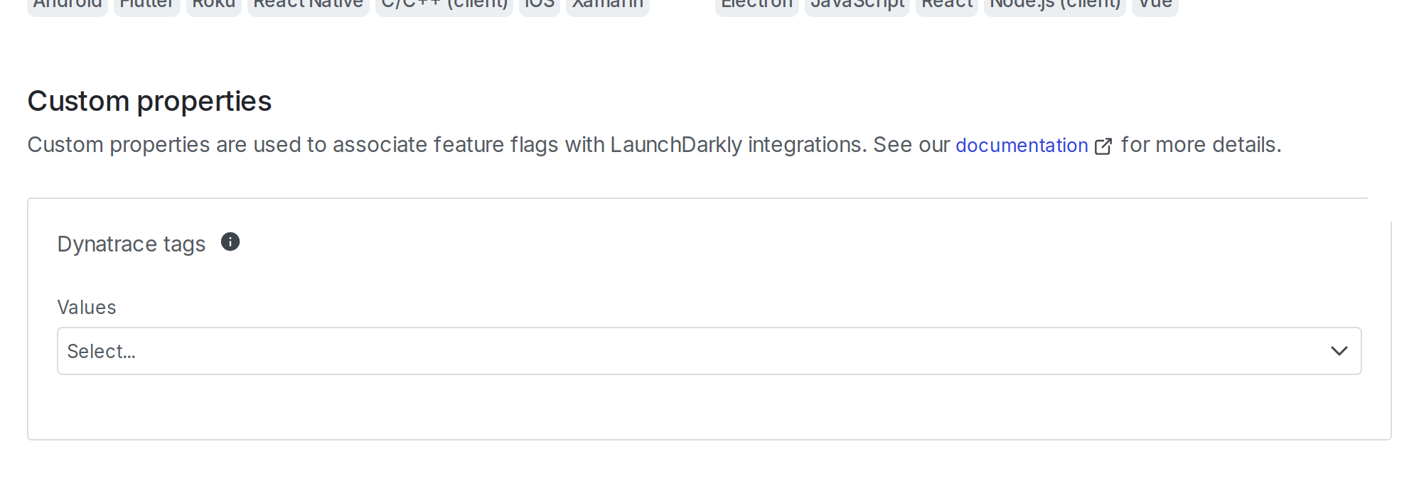 The "Custom Properties" section of a flag page, shown with Dynatrace tags.