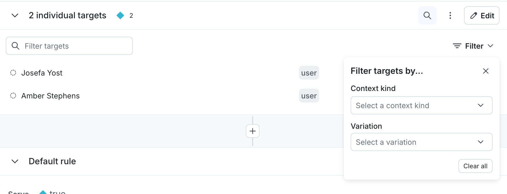 The filter options for individually targeted contexts.