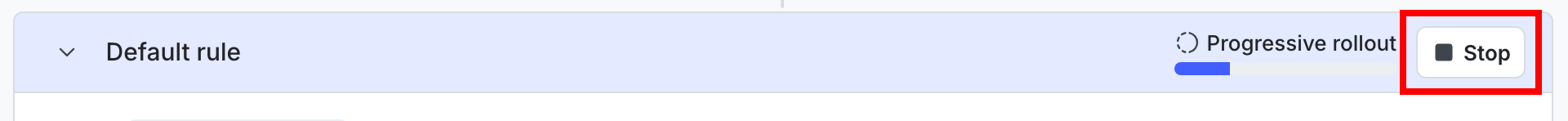 A flag targeting rule with a progressive rollout, with the "Stop" button called out.