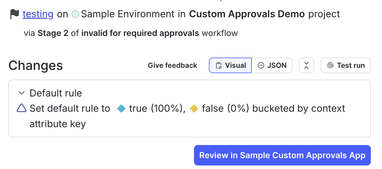 An example of a link to review your approval request in an external approvals app called Custom Approvals.