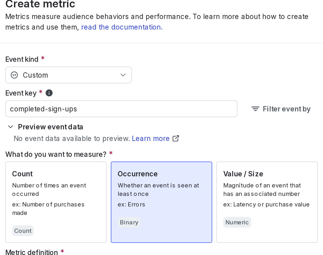 The "Create metric" dialog for a new custom conversion binary metric.