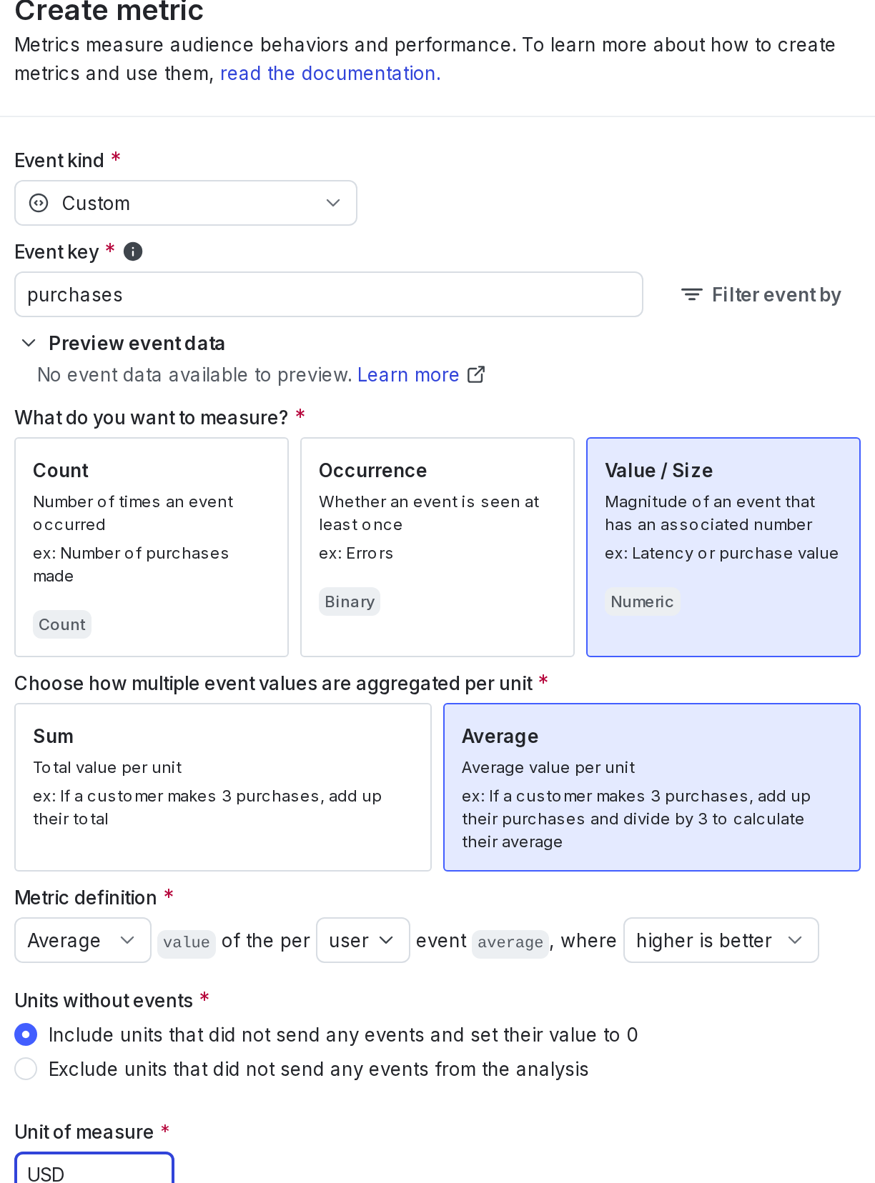 The metric creation dialog.