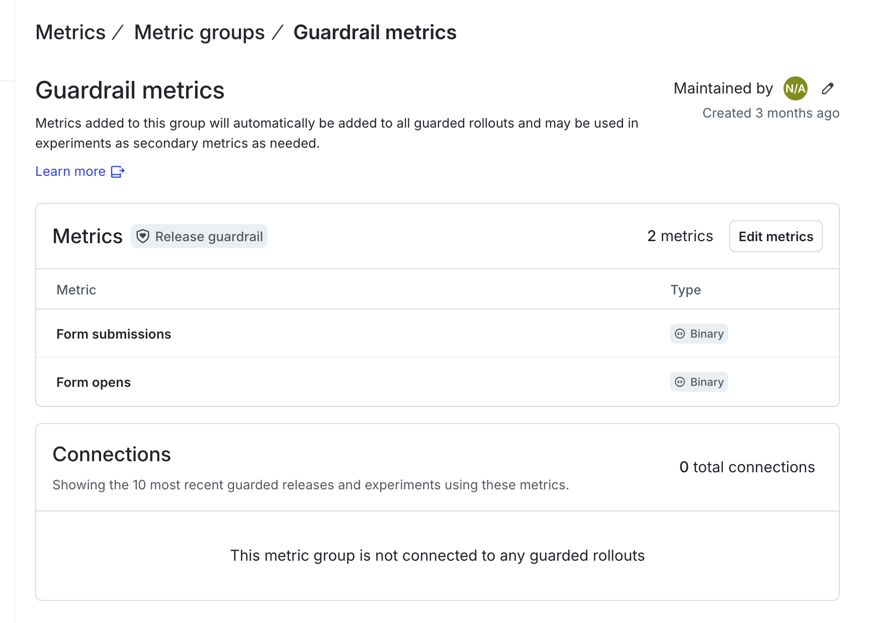 The "Guardrail metrics" page showing the guardrail metrics definition.