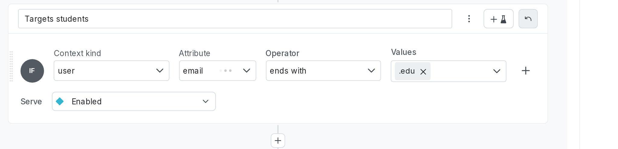 A targeting rule that serves "Available" to all user contexts that contain an "email" attribute with a value that ends in ".edu".