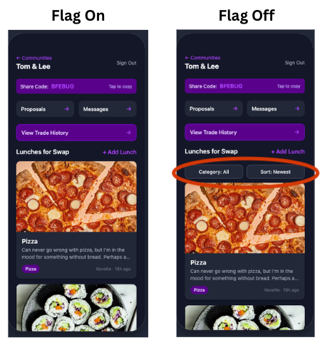 How the feature flag status impacts the app UI for the filter options