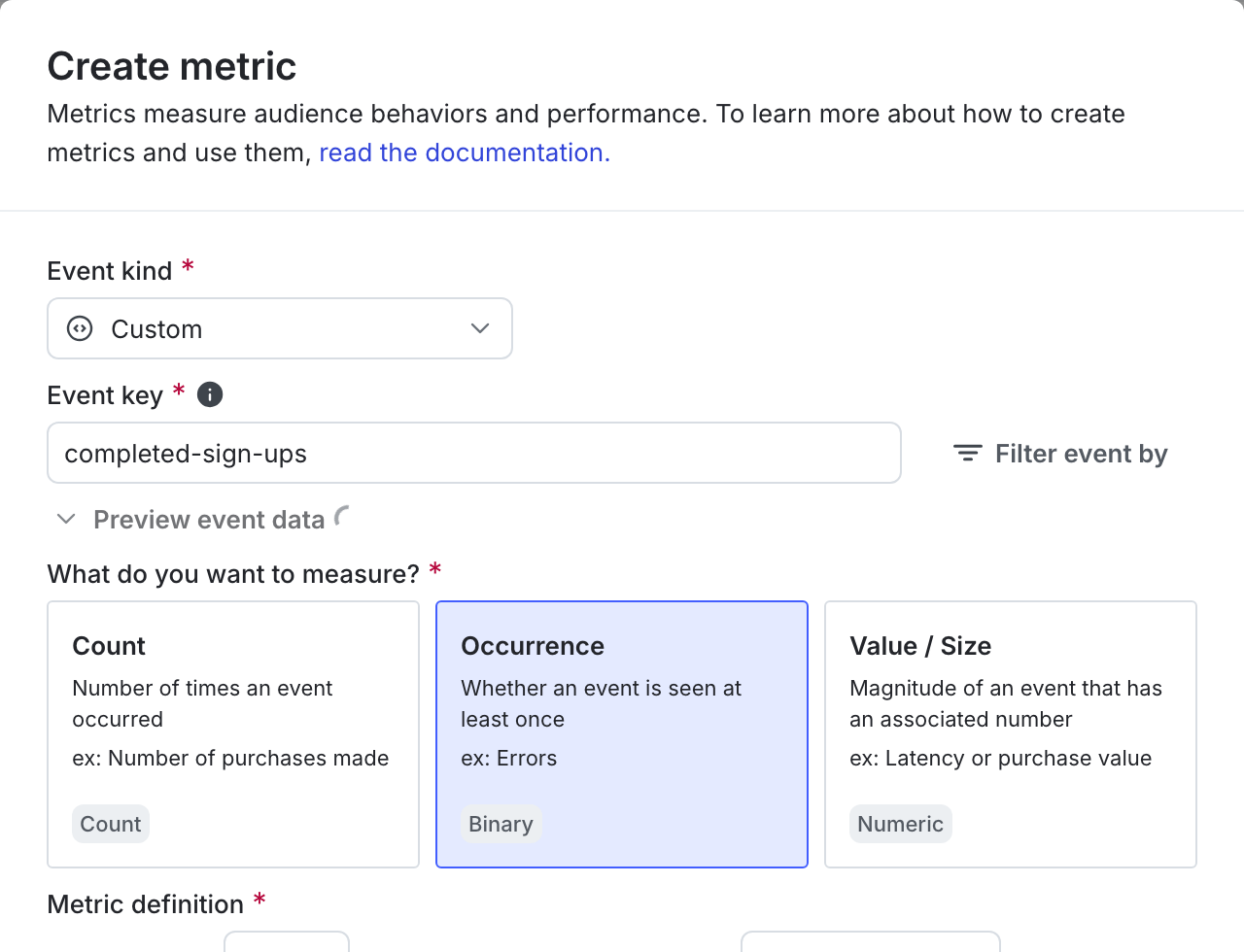 The "Create metric" dialog for a new custom conversion binary metric.