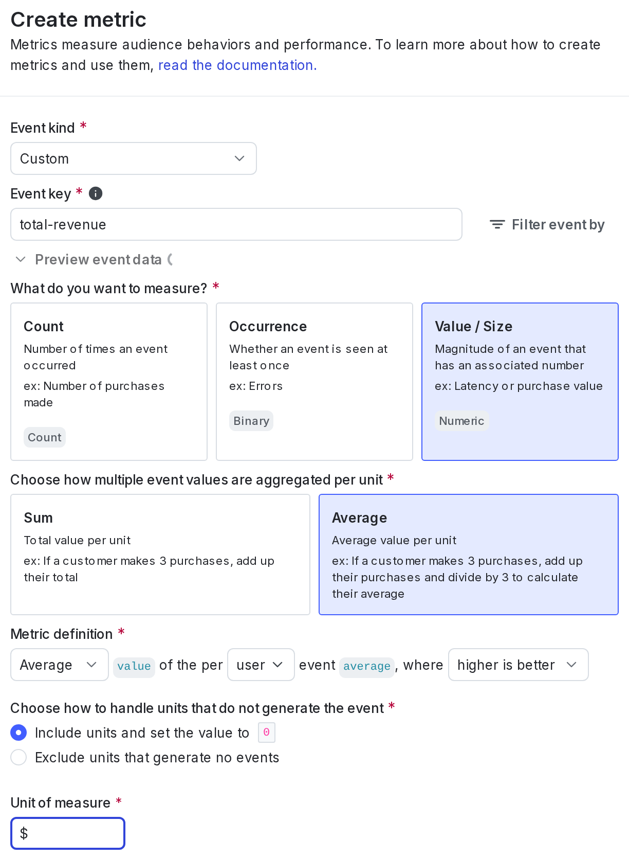 The "Create metric" dialog for a custom numeric metric.