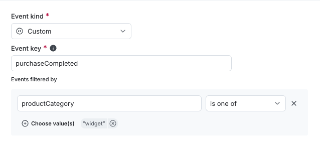 A metric definition that includes only events where the productCategory event property is set to widget.
