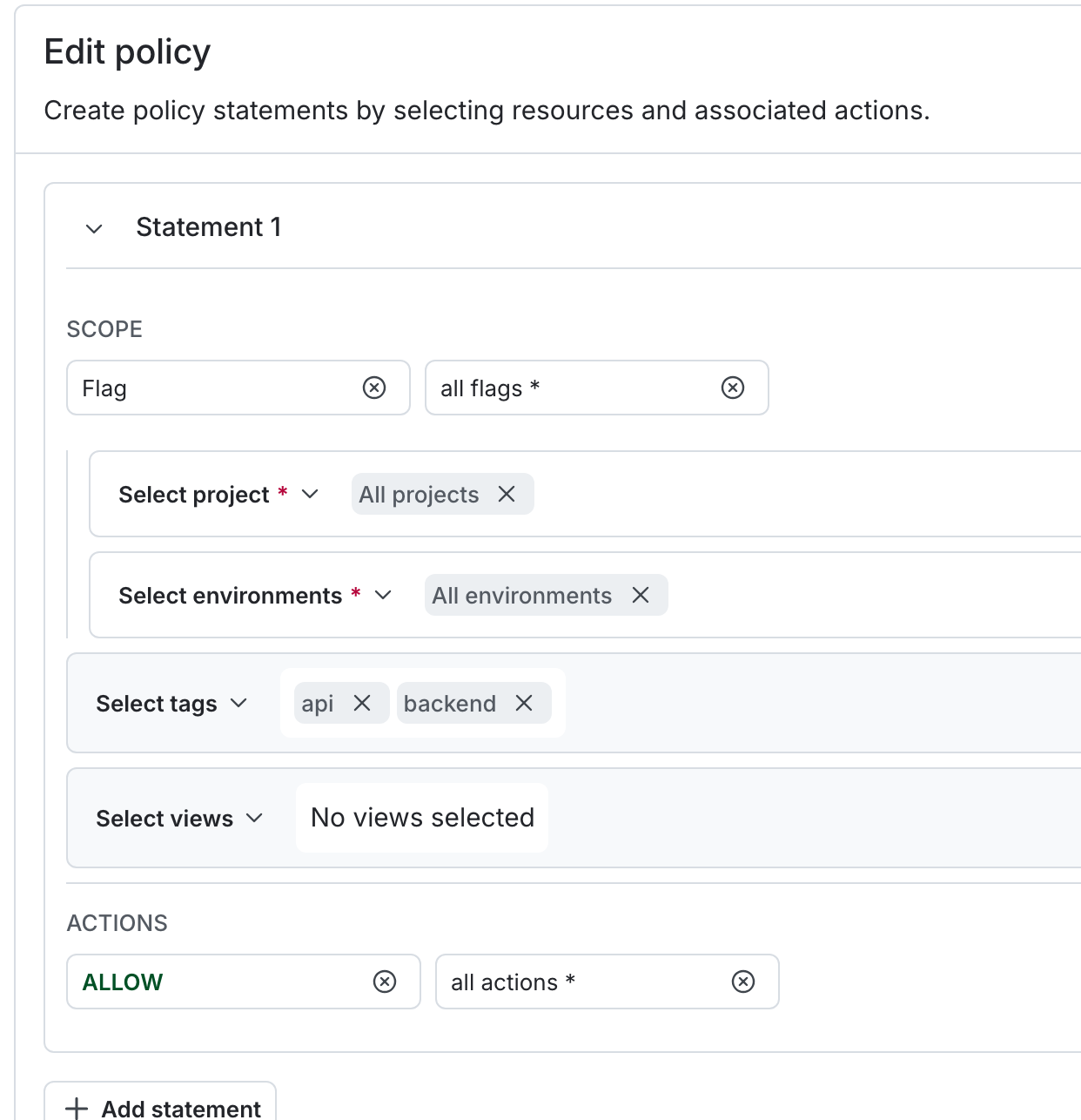A policy allowing all actions for flags tagged "tag1" and "tag2."