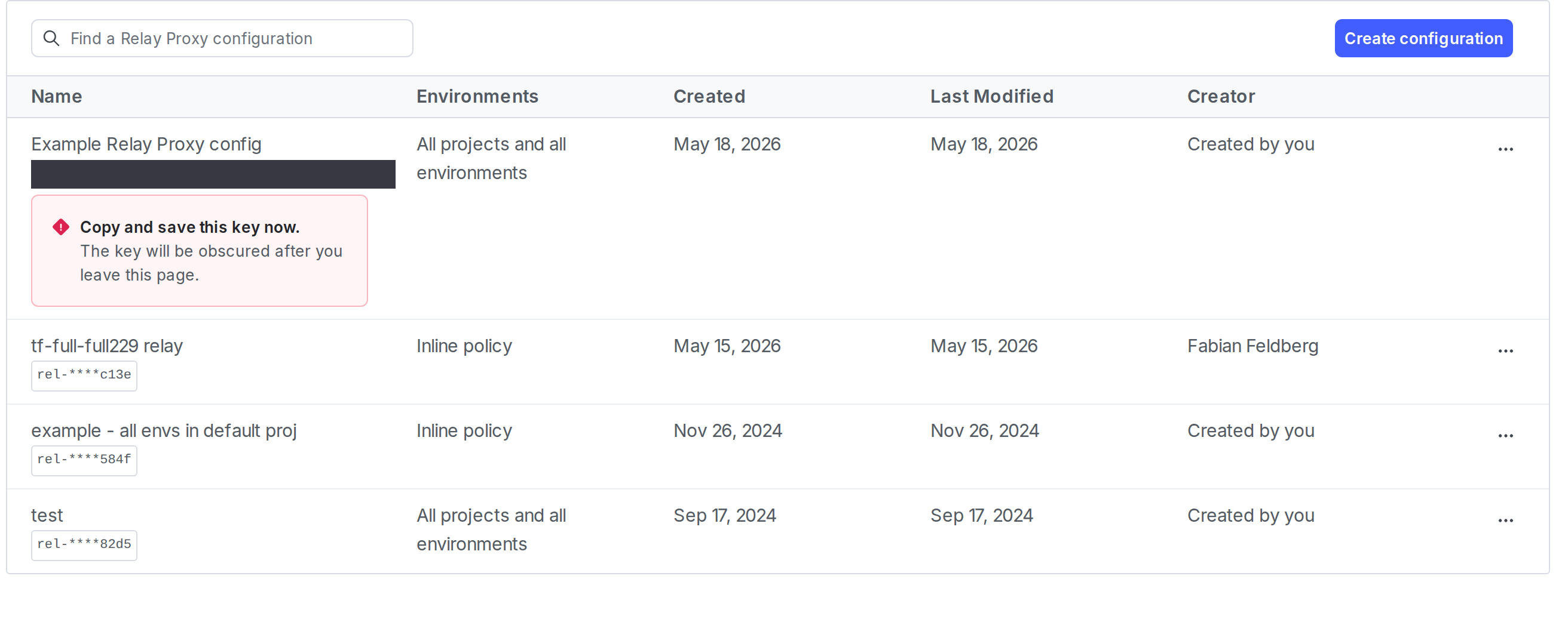 The "Relay proxy" page with a newly created Relay Proxy configuration. The key is displayed.