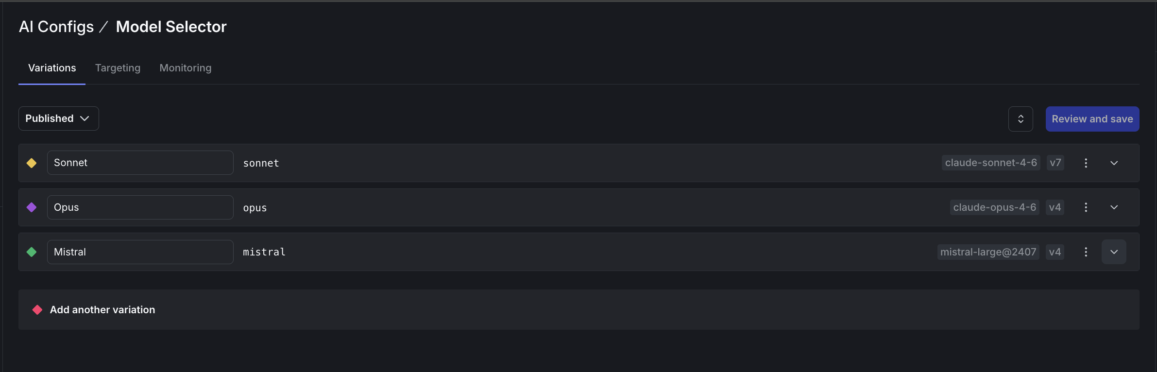 Model Selector AI Config showing three variations: Sonnet, Opus, and Mistral with their corresponding model names.