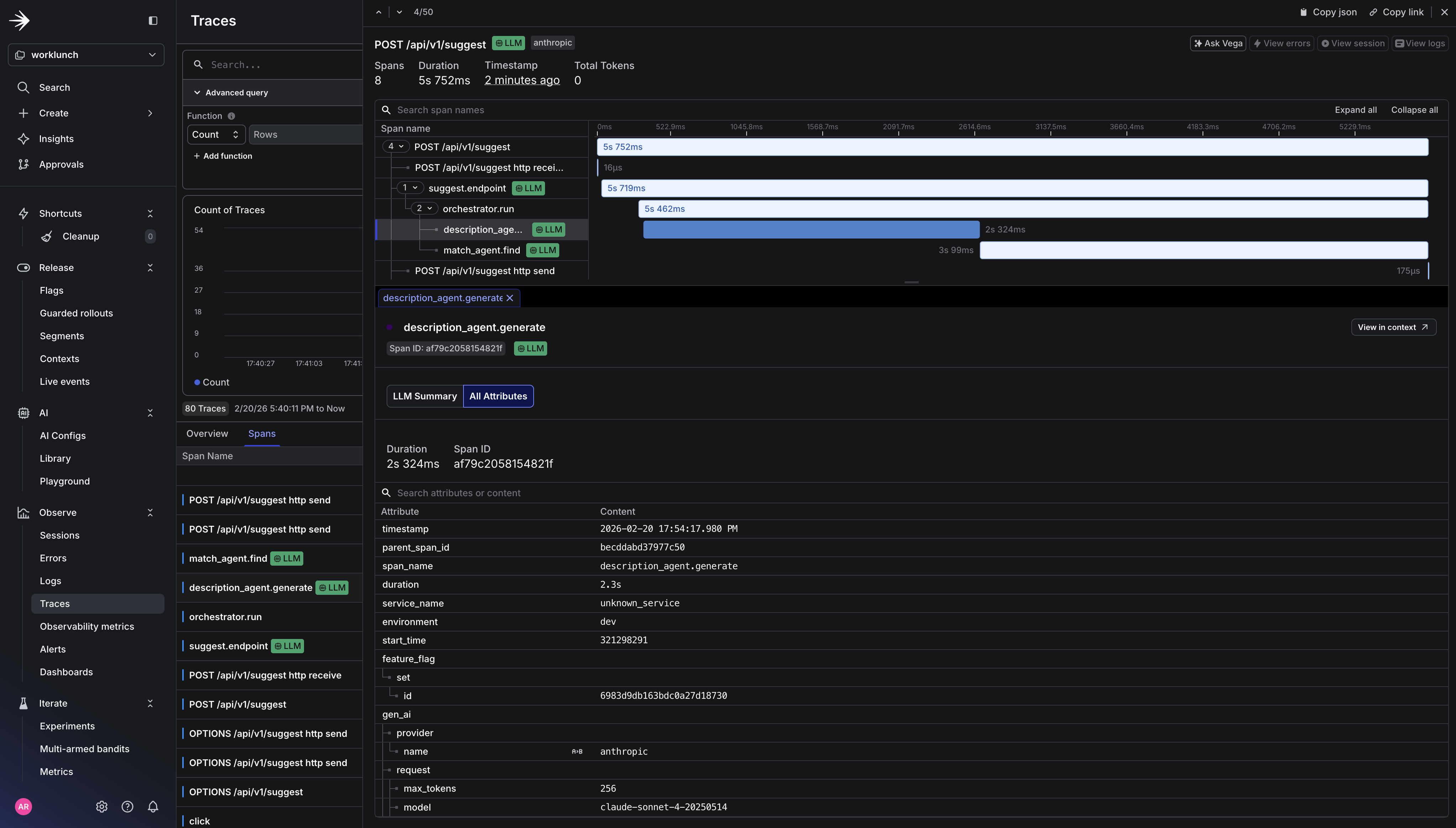 LaunchDarkly traces UI