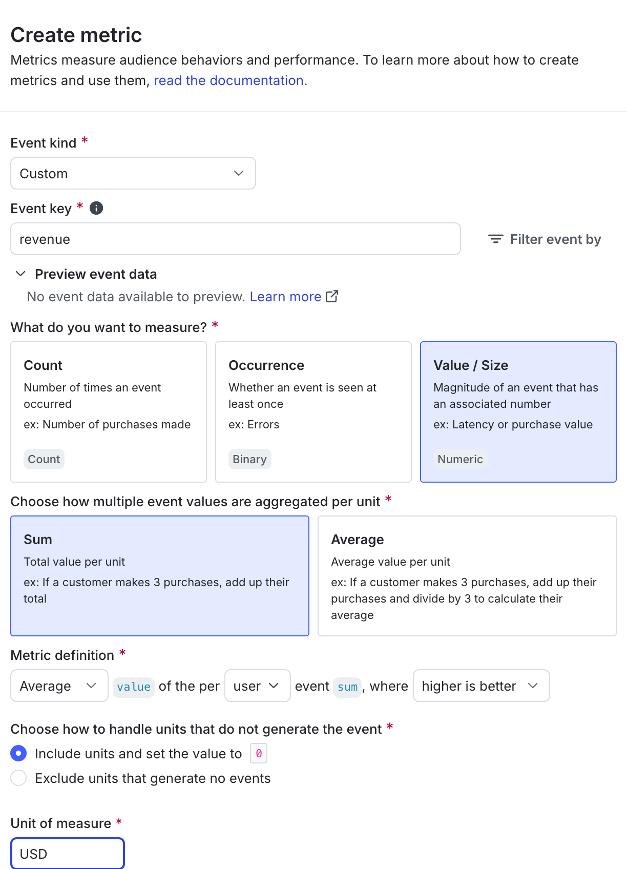 The metric creation dialog.