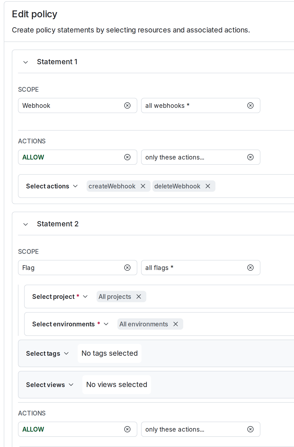 An access token's role configured to grant access to webhooks and flag links.
