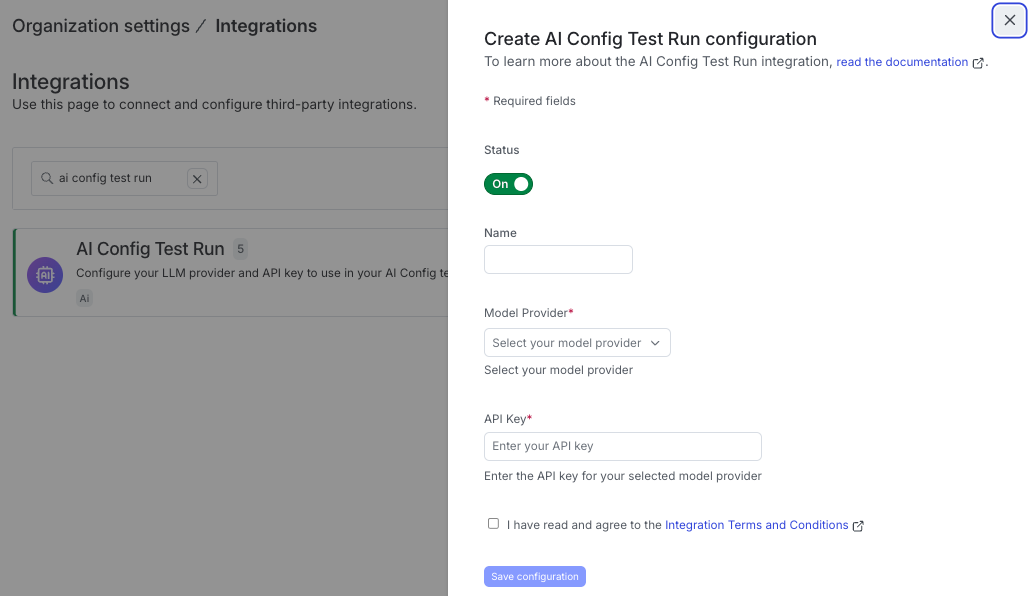 The Manage API keys integration page.