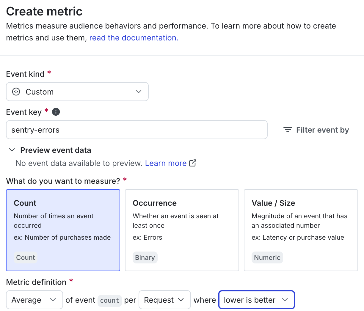The metric creation dialog.