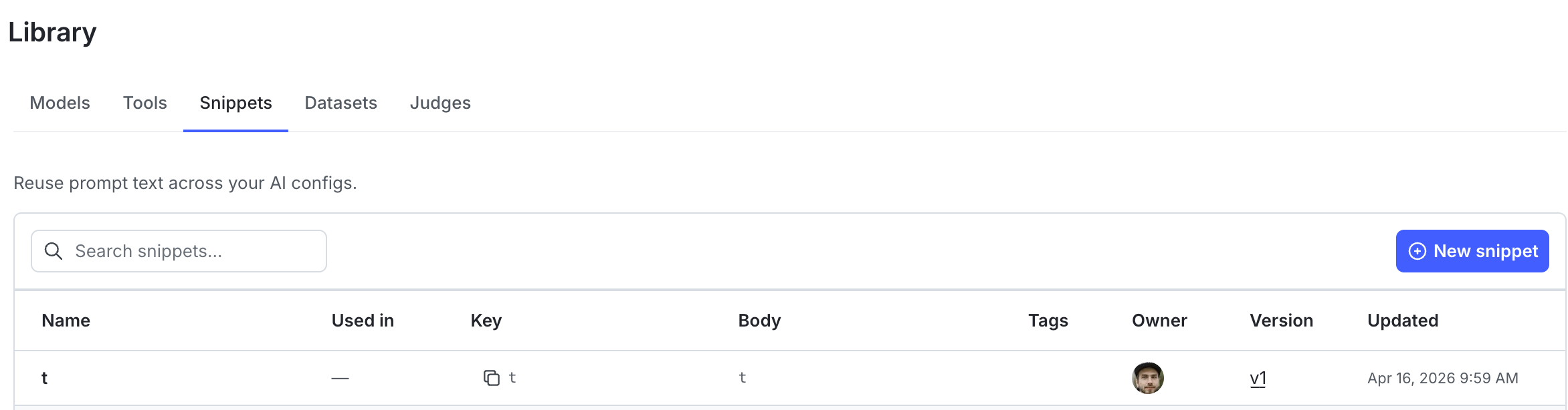 The "Snippets" tab in the library.