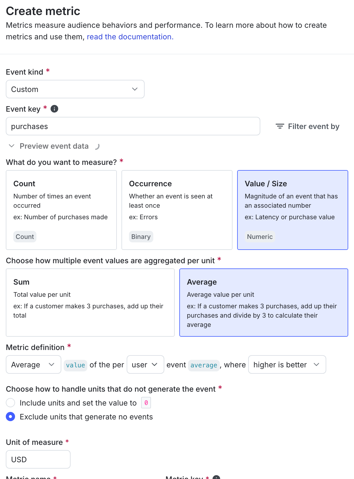The metric creation dialog.