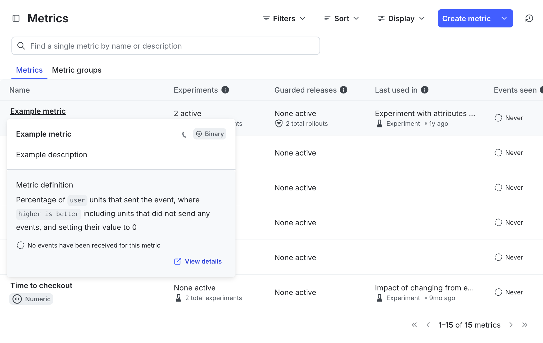 The Metrics name tooltip.