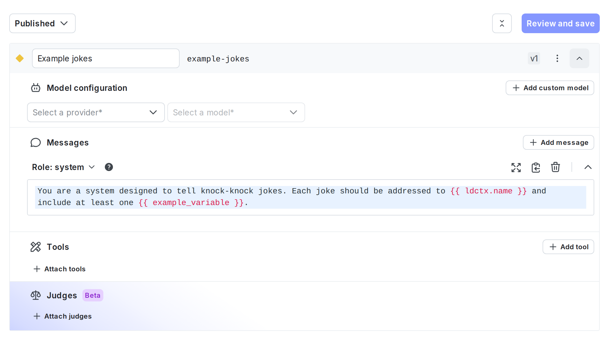 The Variations tab of an AI Config with one variation.