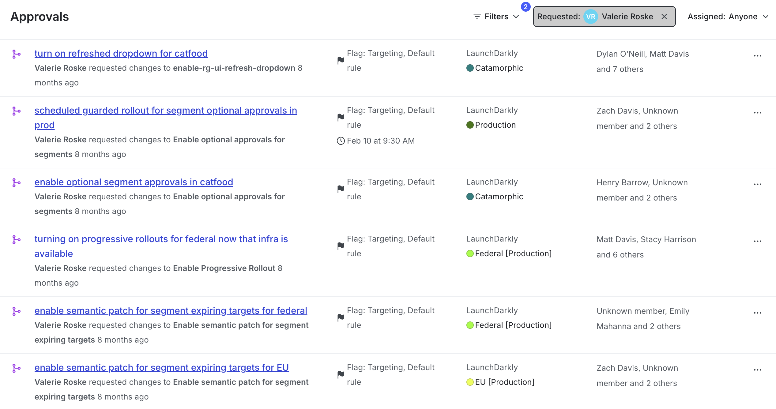 Example approval request: a flag named turn on refreshed dropdown for catfood was approved by Valerie Roske.