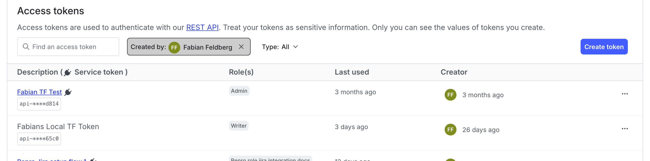 The Access tokens section of the Authorization tab.