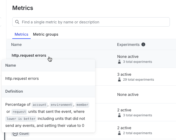 The Metrics name tooltip.