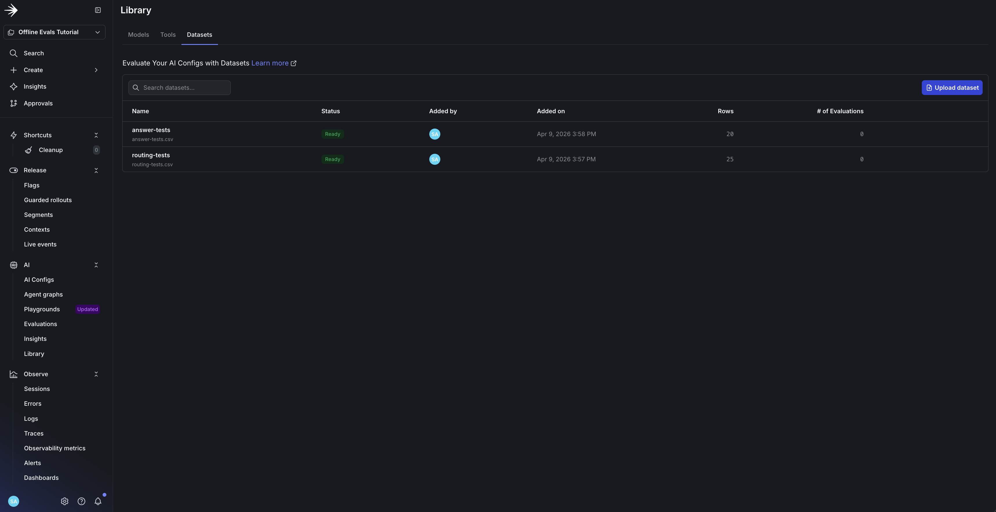The LaunchDarkly Datasets tab showing the answer-tests dataset uploaded.