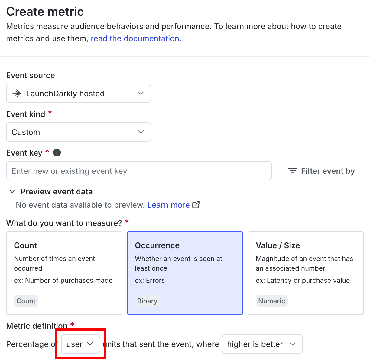 The "Metric definition" section of a new metric with the randomization unit called out.