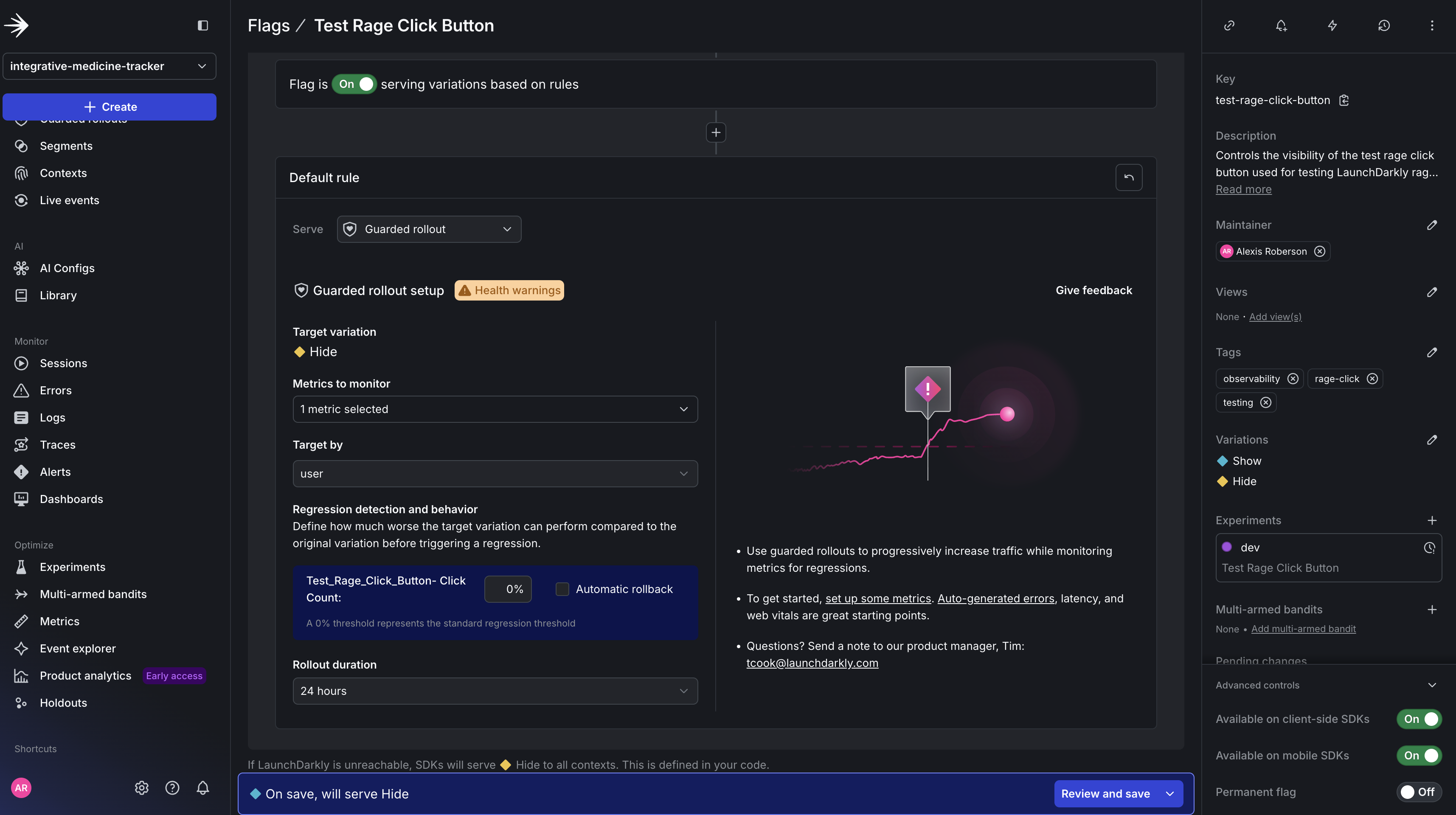 Image of configuring the threshold, duration and automatic rollback for Guarded rollout.