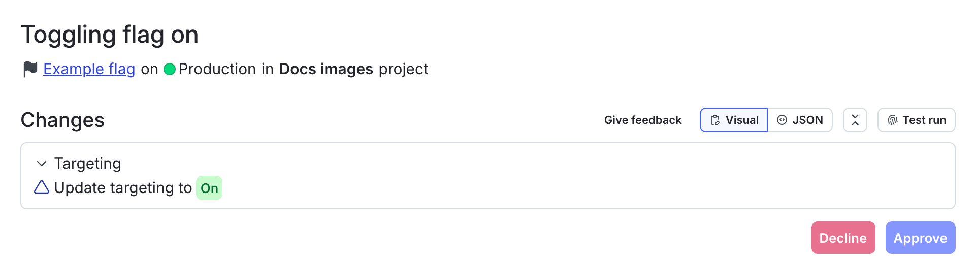 An approval request to toggle on a flag.