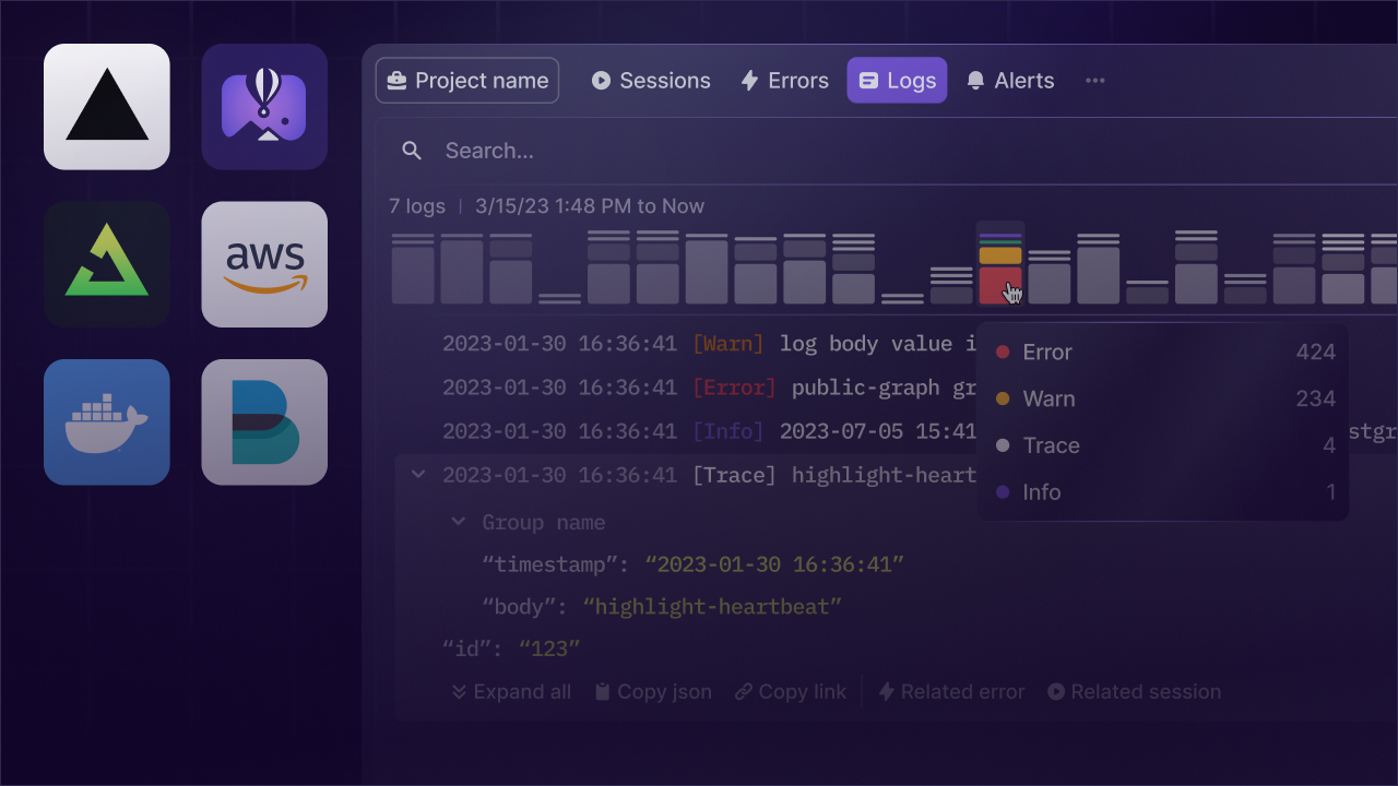 LaunchDarkly structured logs user interface showing log entries with metadata.