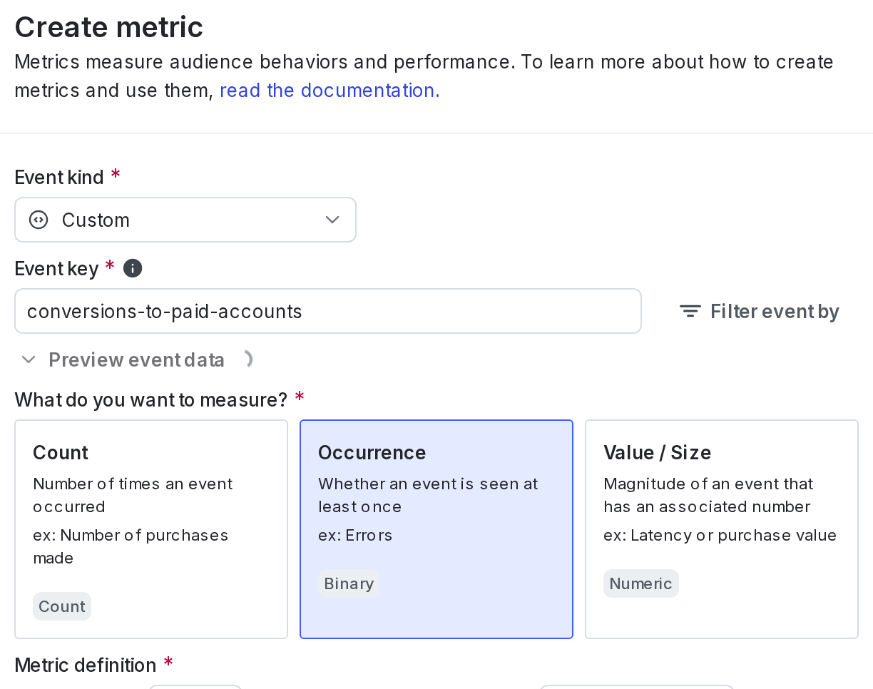 The "Create metric" dialog for a custom conversion binary metric.