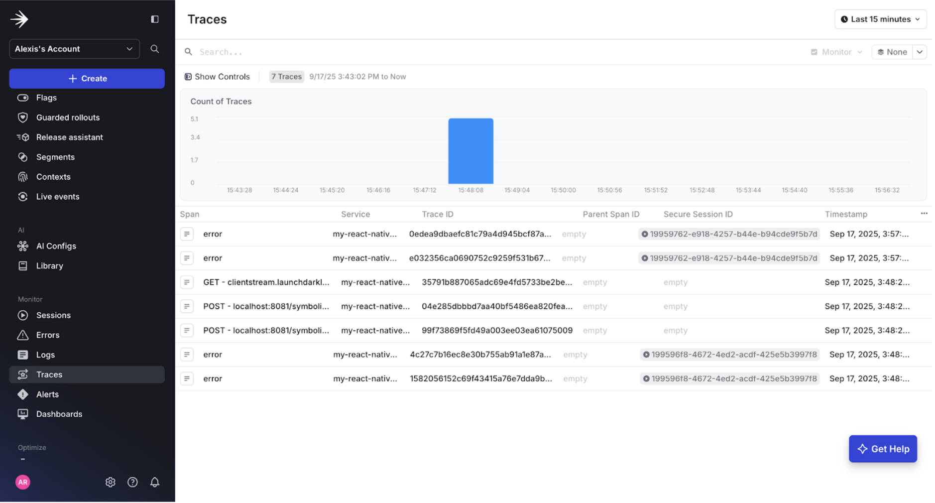 Screenshot of traces page
