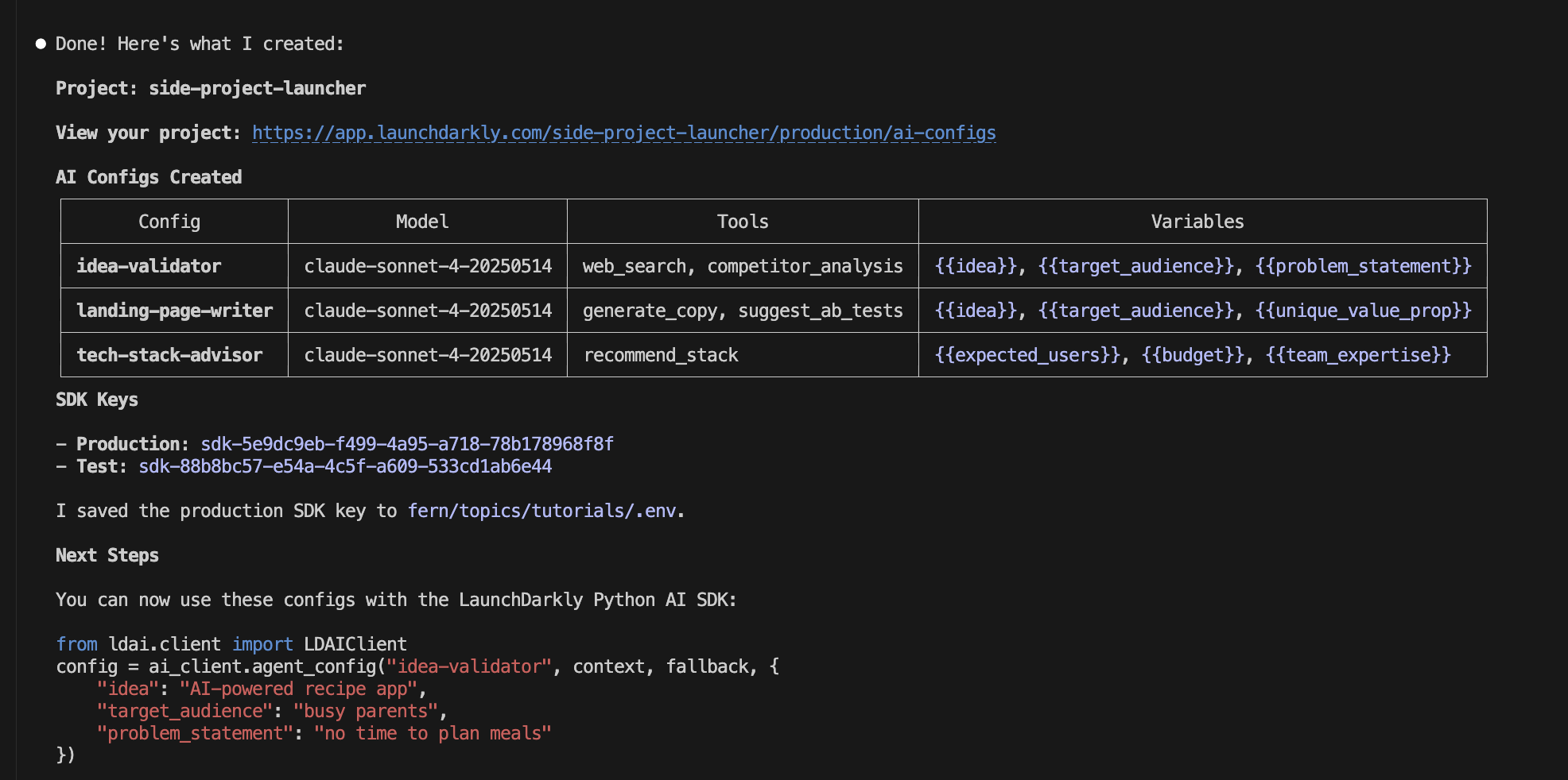 Claude Code showing created AI Configs with models, tools, variables, and SDK keys