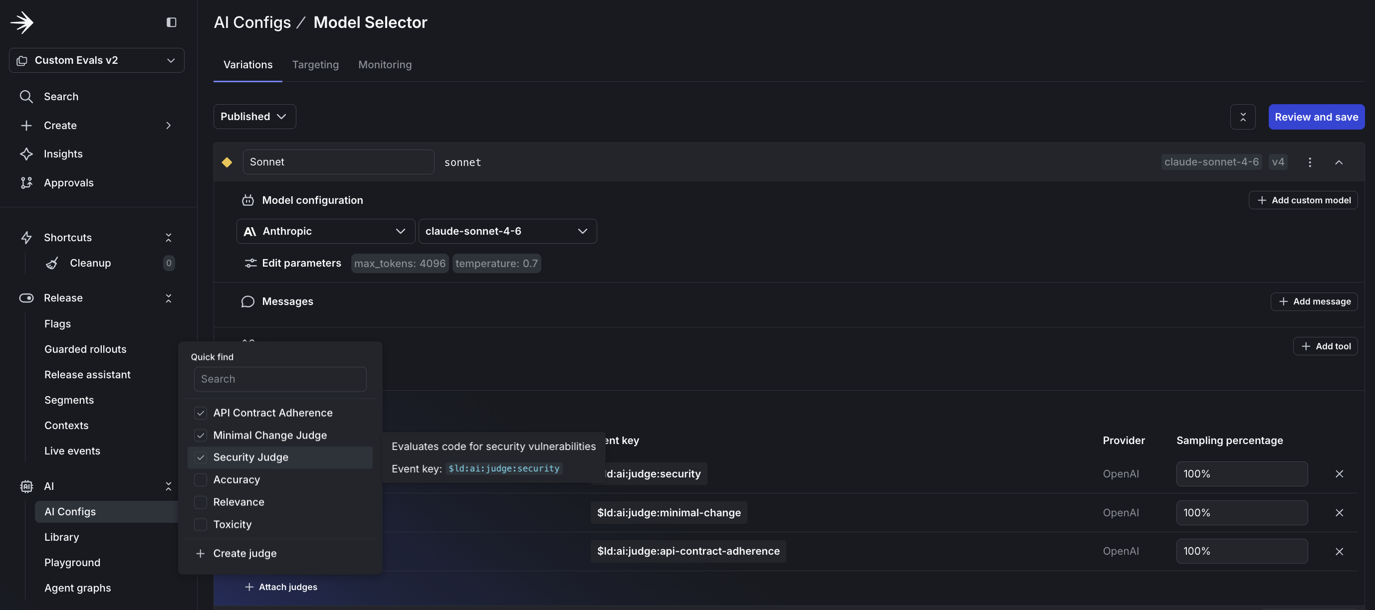Judge selection dropdown showing available judges with checkboxes, event keys, and sampling percentage fields.