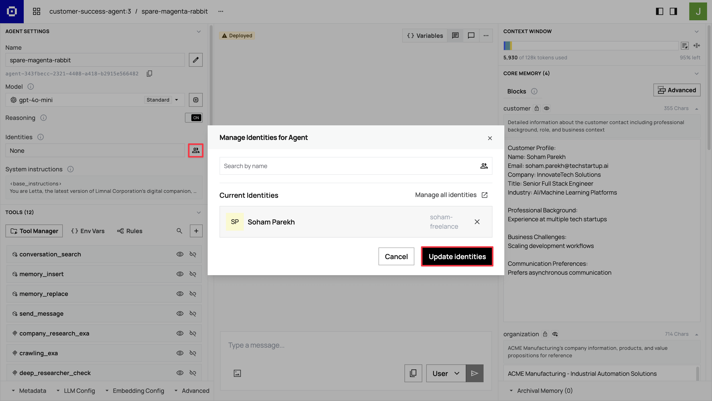 Assigning customer identity to agent in Edit Identities section