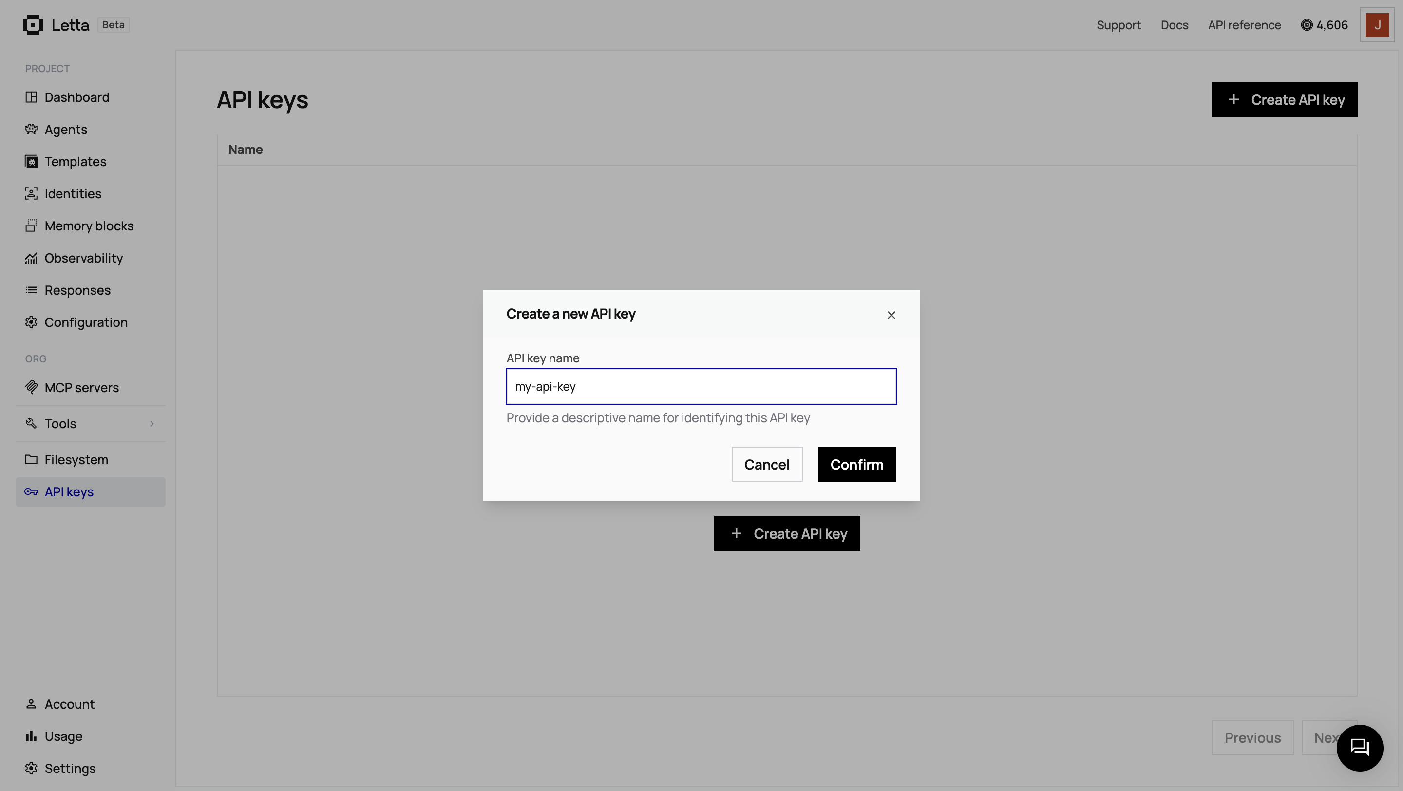 Letta API Key Navigation
