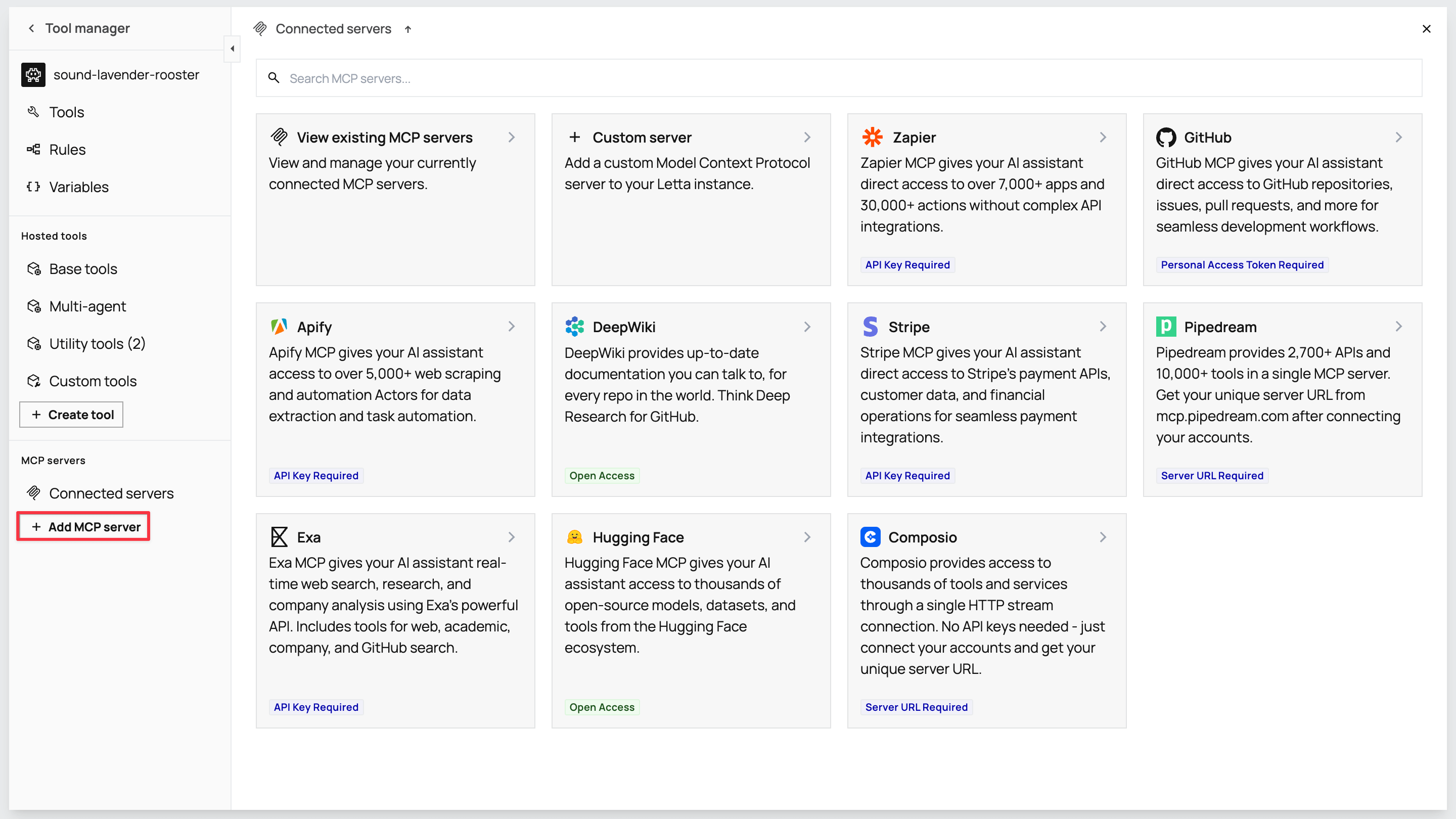 Tool manager modal showing MCP server configuration options