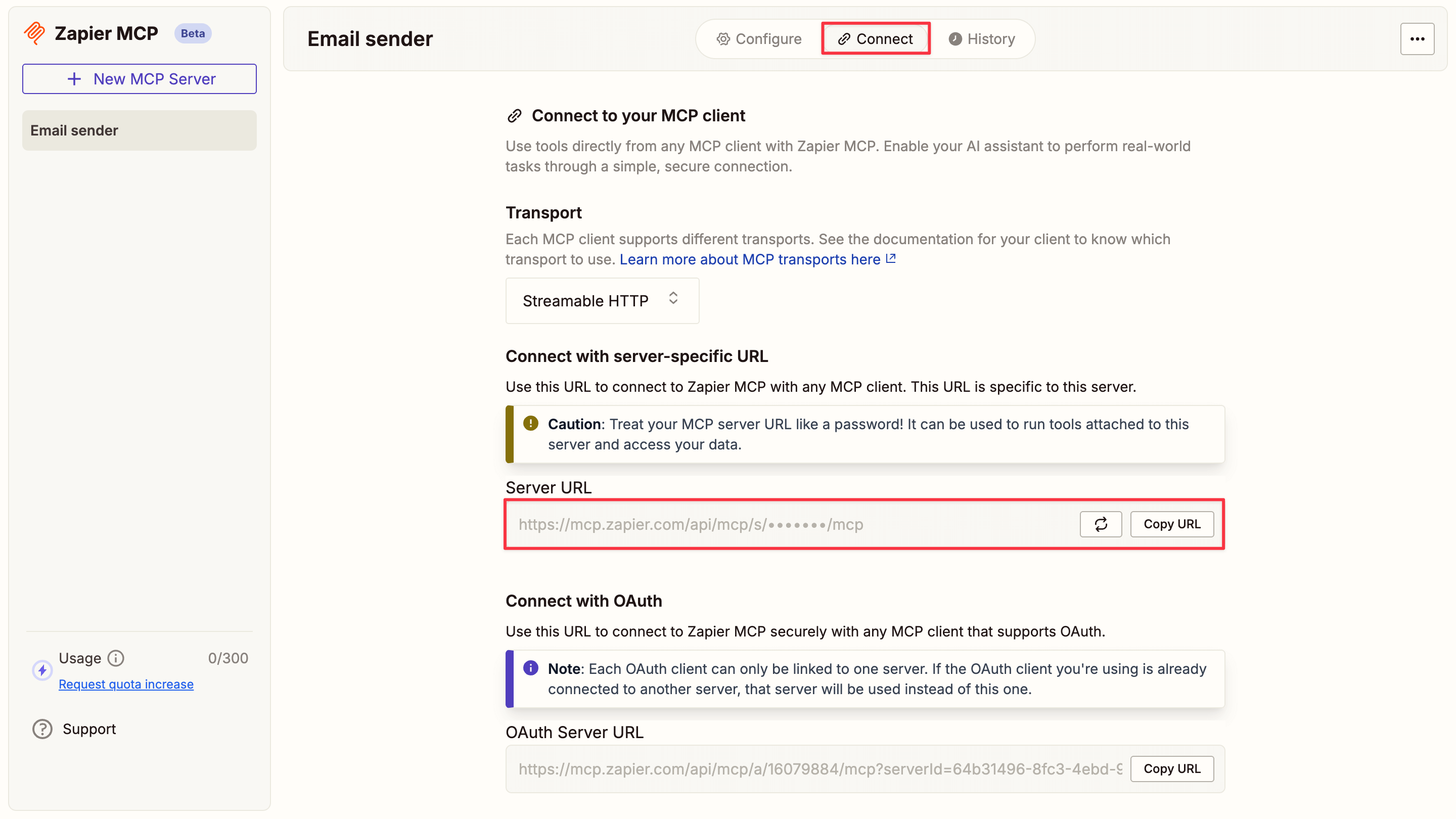 Copying server URL from Zapier dashboard