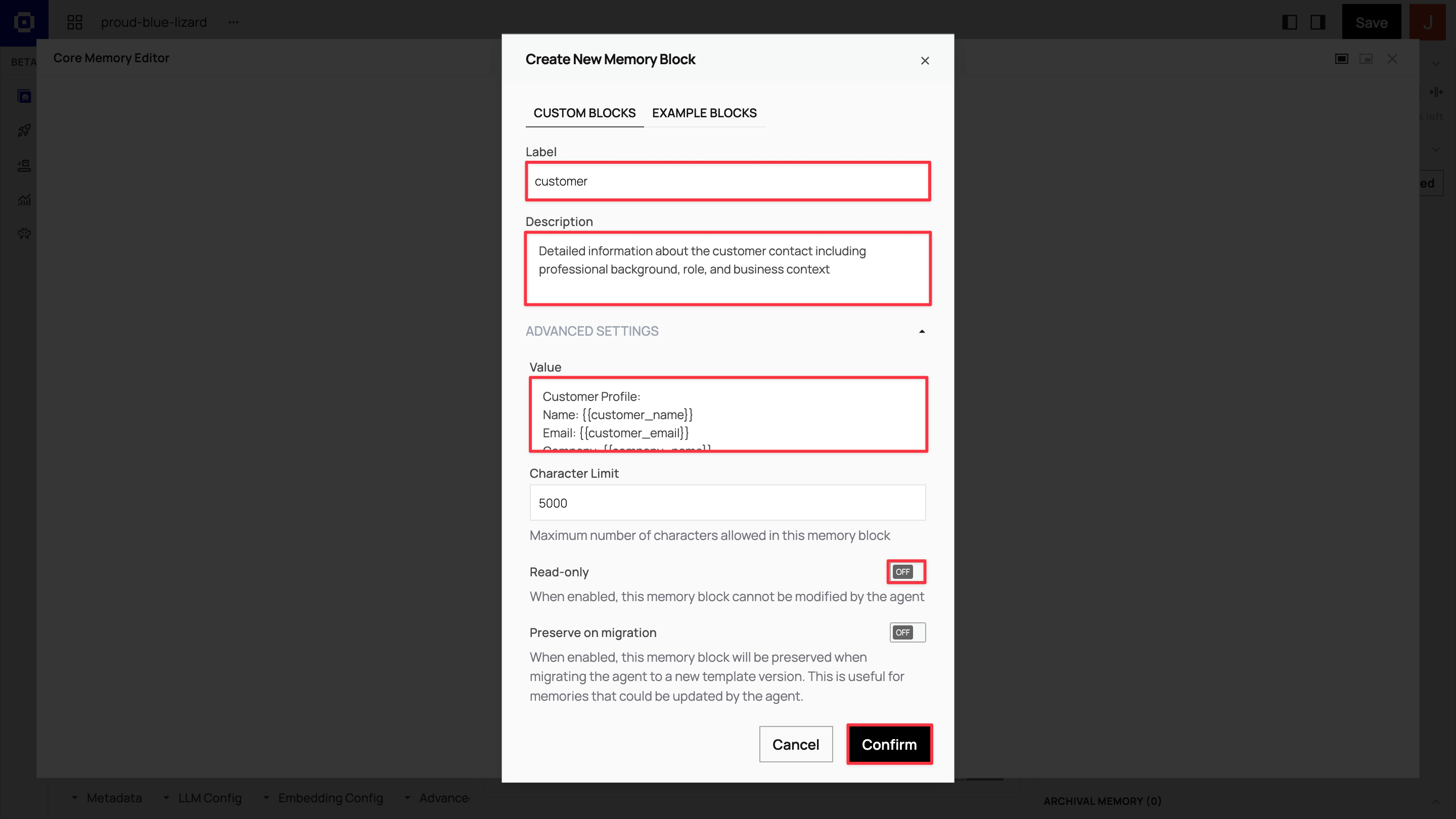 Adding custom memory blocks in Core Memory section