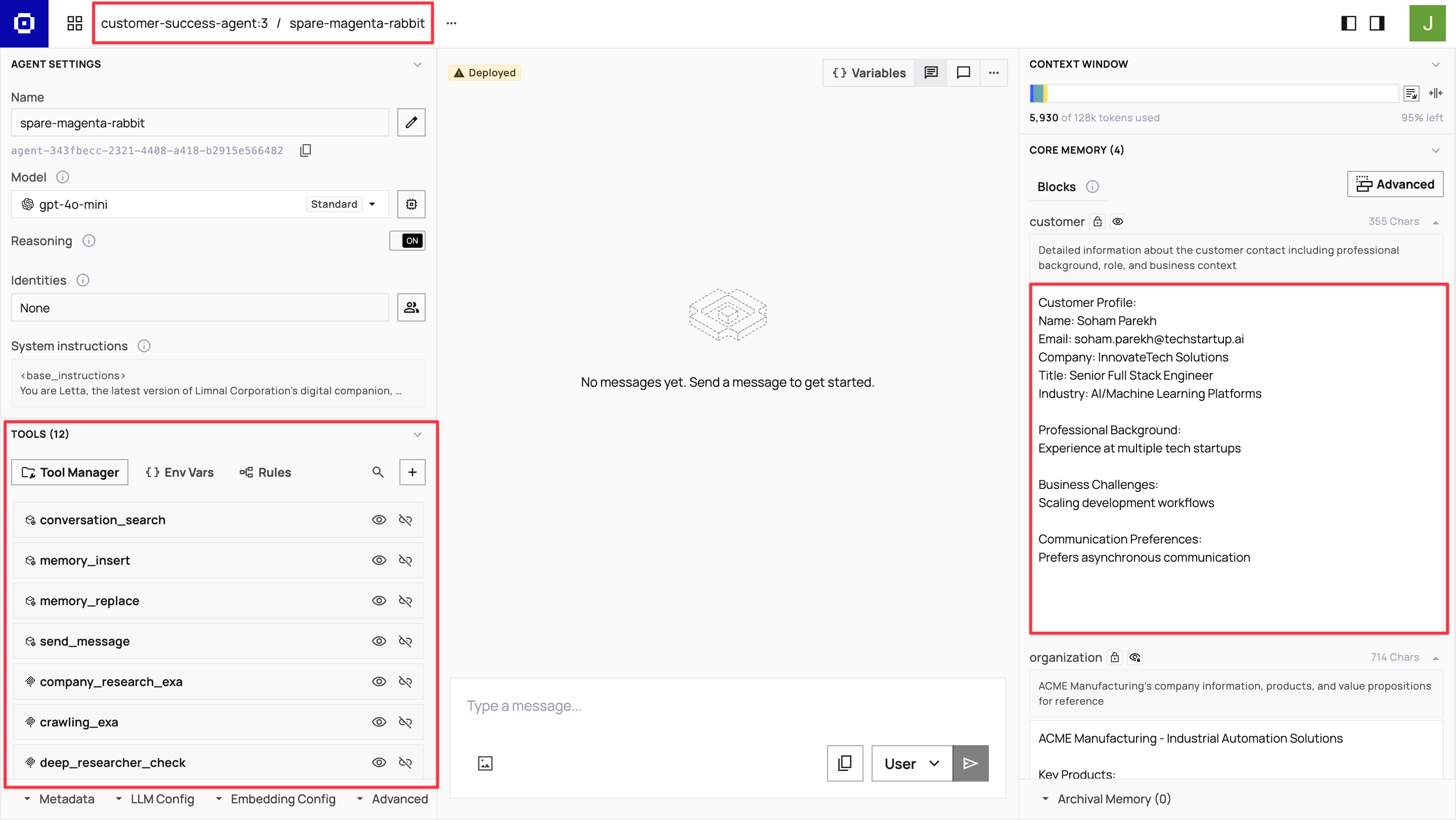 New agent created from template showing inherited memory blocks and tools